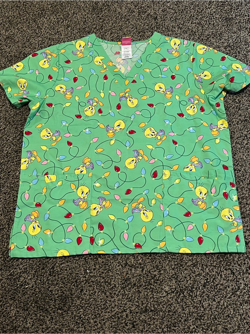 Women's Green Tweety Print V-Neck Scrub Top